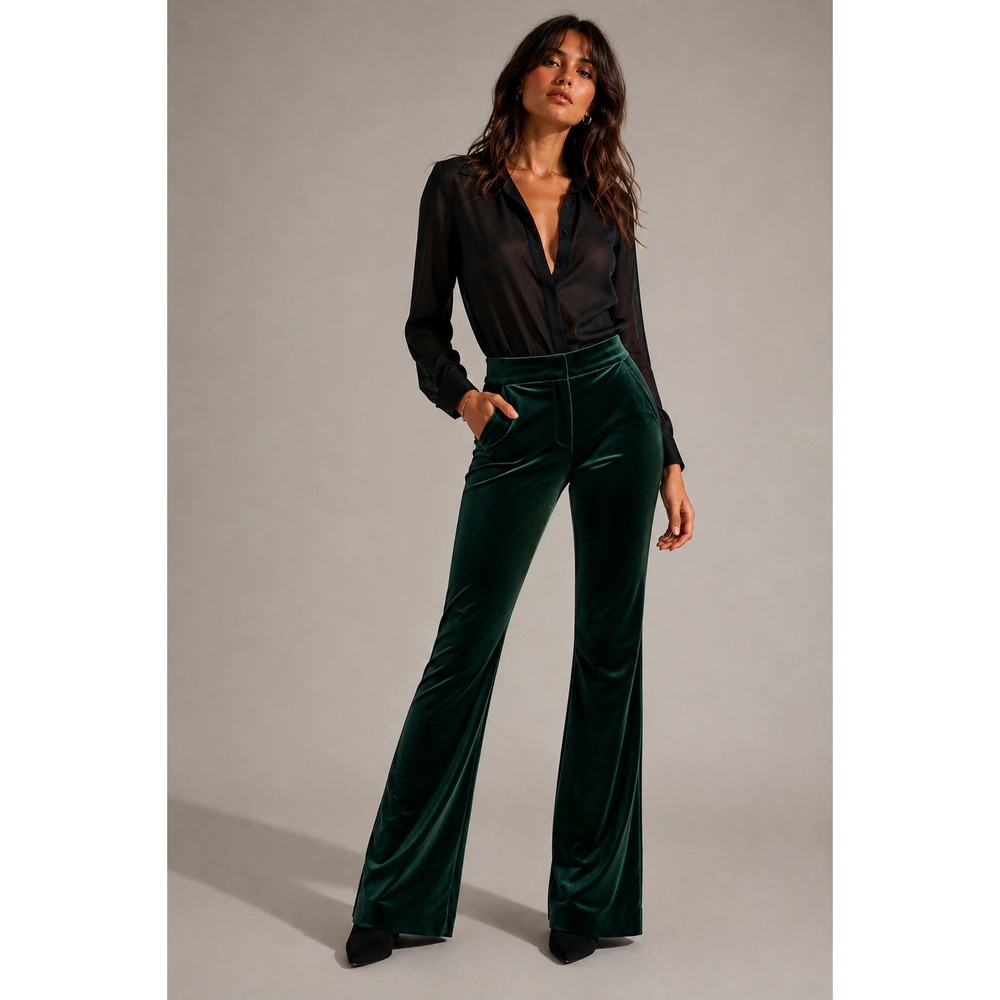 Express Emerald Green Velvet Flare Trouser Pants 10R Holiday Party Glam Retro